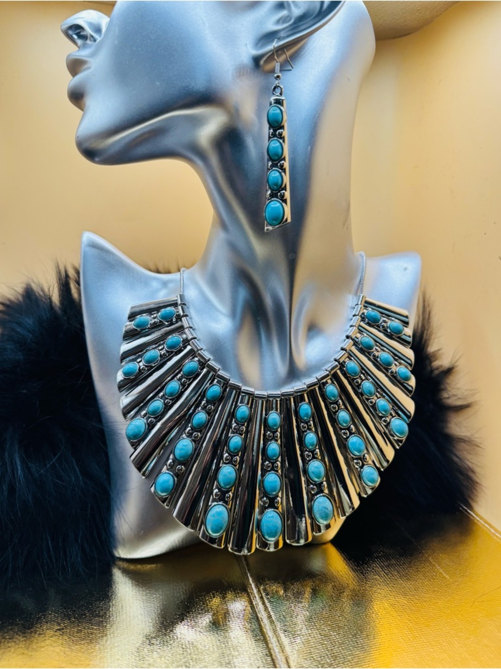Turquoise Cabochon Statement Necklace with Matching Earrings - Unbranded